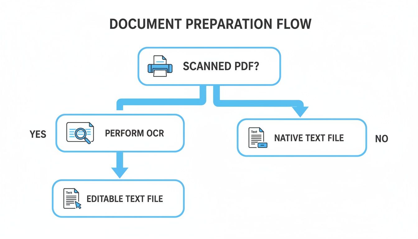 Schemat blokowy ilustrujący przygotowanie dokumentu, pokazujący kroki dla skanowanych plików PDF (OCR) w porównaniu z natywnymi plikami tekstowymi.
