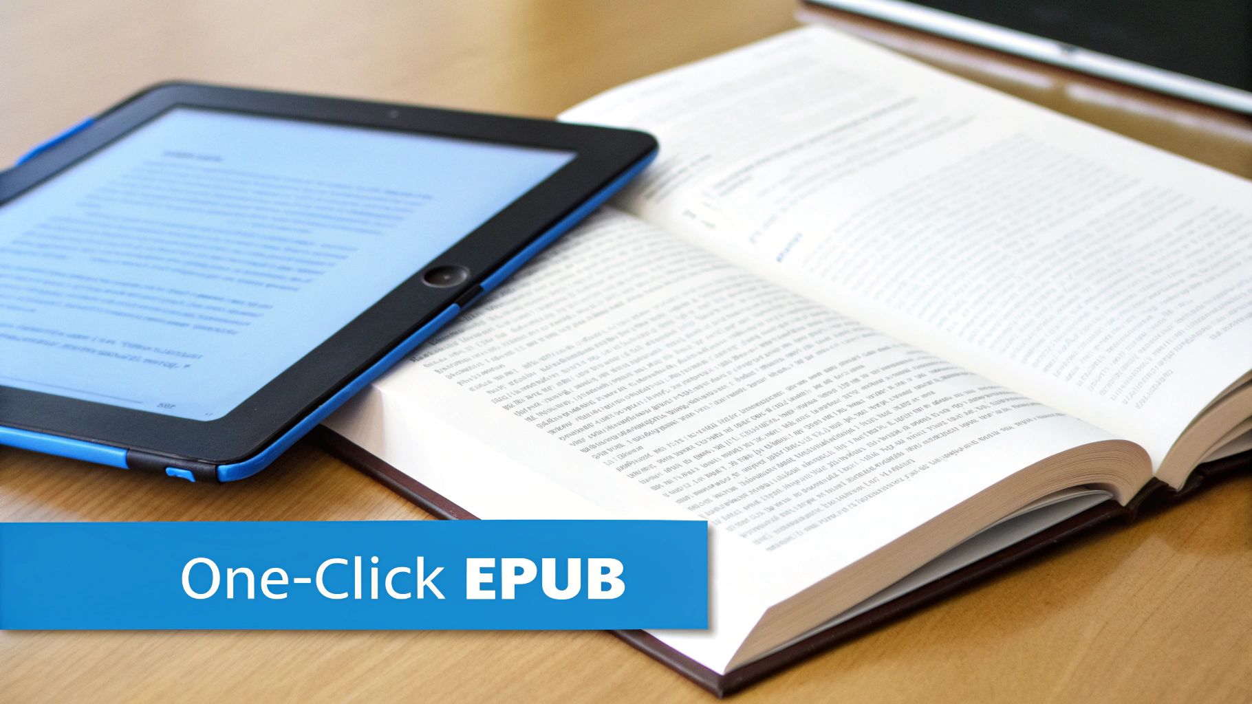Tablet wyświetlający e-book obok otwartej tradycyjnej książki na drewnianym stole z banerem „One-Click EPUB