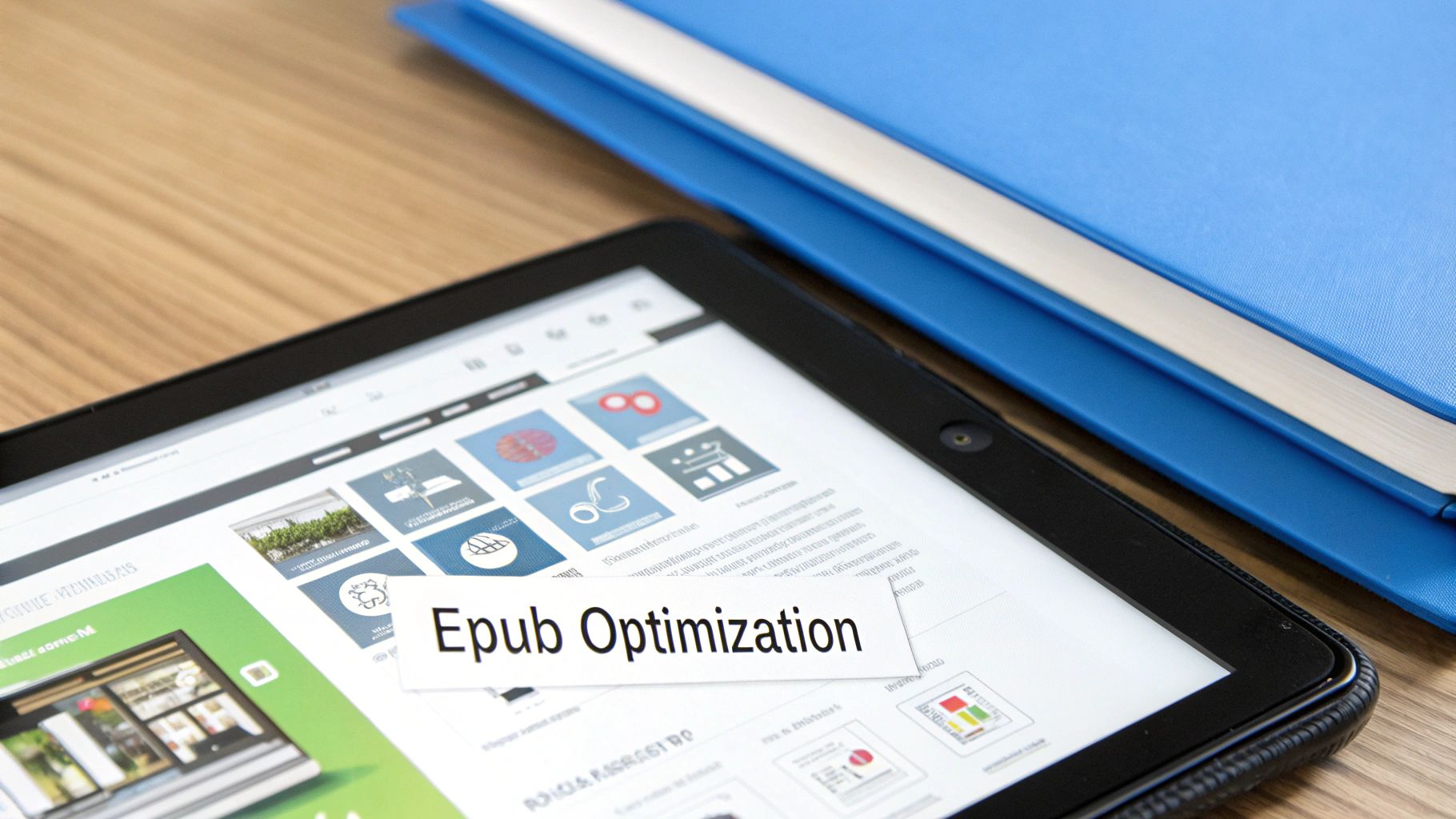 Um tablet exibindo o texto 'Epub Optimization' em sua tela, ao lado de um livro azul em uma mesa de madeira.