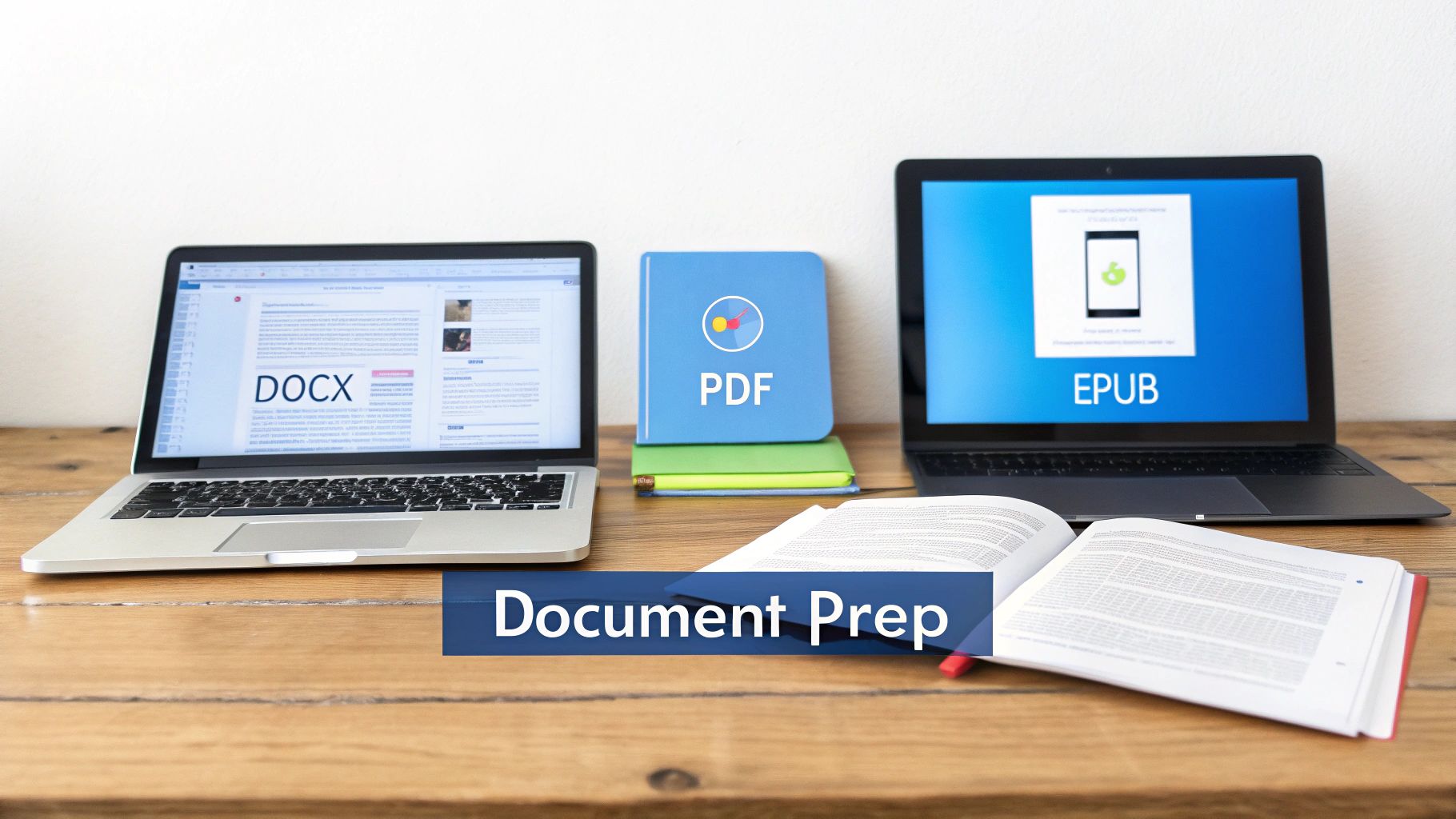 文件准备工作区，木质办公桌上有笔记本电脑显示DOCX、PDF和EPUB文件格式。