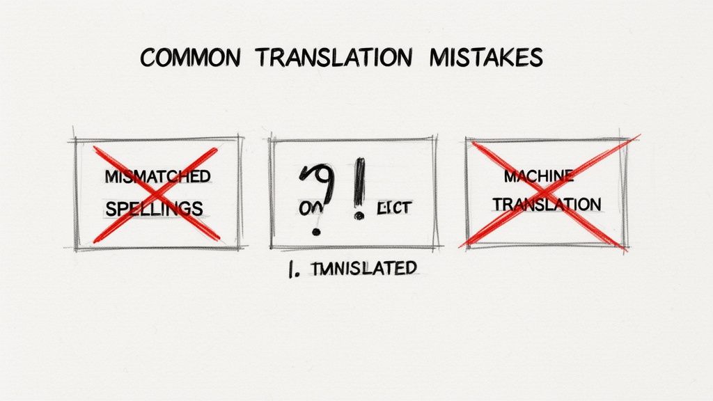A humorous cartoon illustrating common translation mistakes, with 'TMNISLATED' as a key example of error.