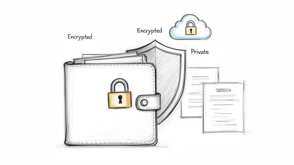 A sketch illustrating data and document security with an encrypted wallet, shield, and private cloud.