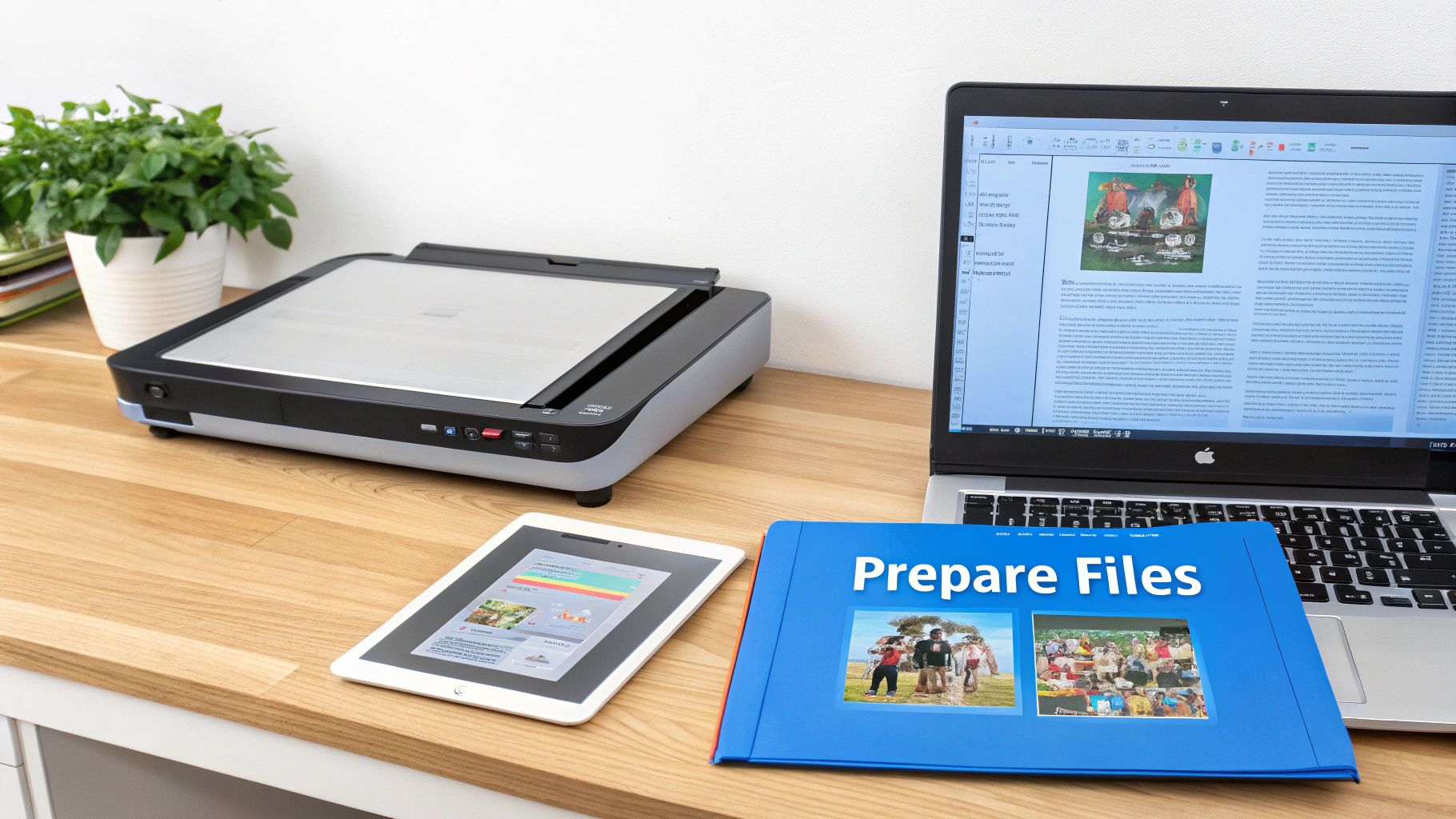 스캐너, 노트북, 태블릿, 파일 준비용 파란색 바인더가 있는 홈 오피스 책상입니다.