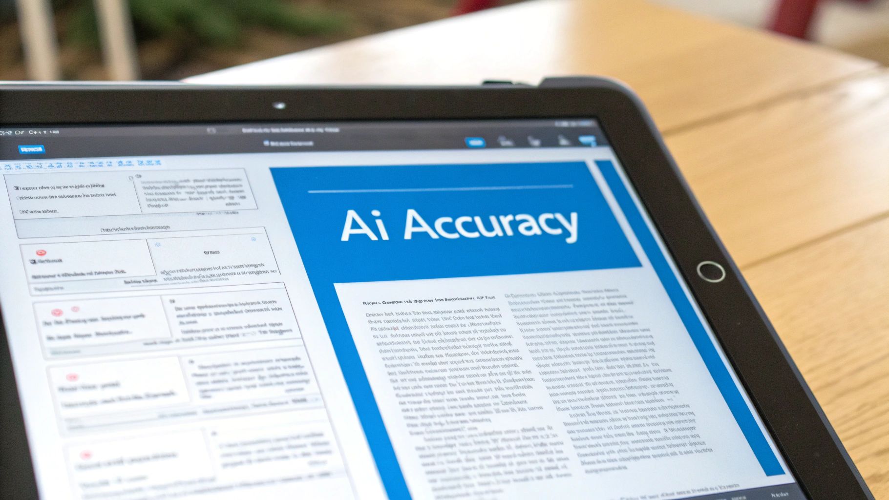 태블릿 화면에 파란색 배경의 나무 테이블 위에 "Ai Accuracy"라는 제목이 표시된 문서가 표시되어 있다.