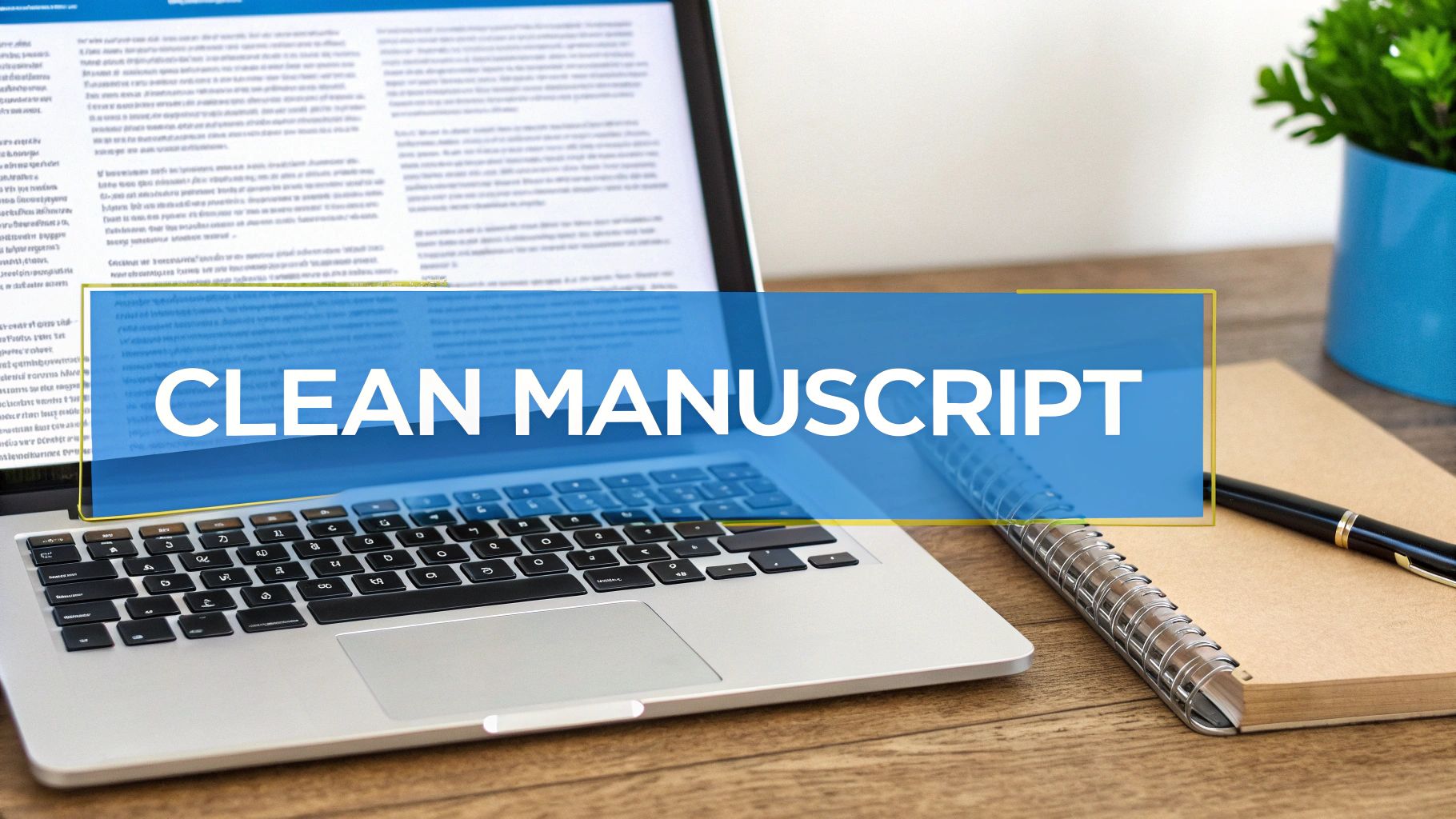 Um laptop em uma mesa de madeira exibe um documento, com um caderno e caneta próximos, apresentando uma sobreposição 'CLEAN MANUSCRIPT'.