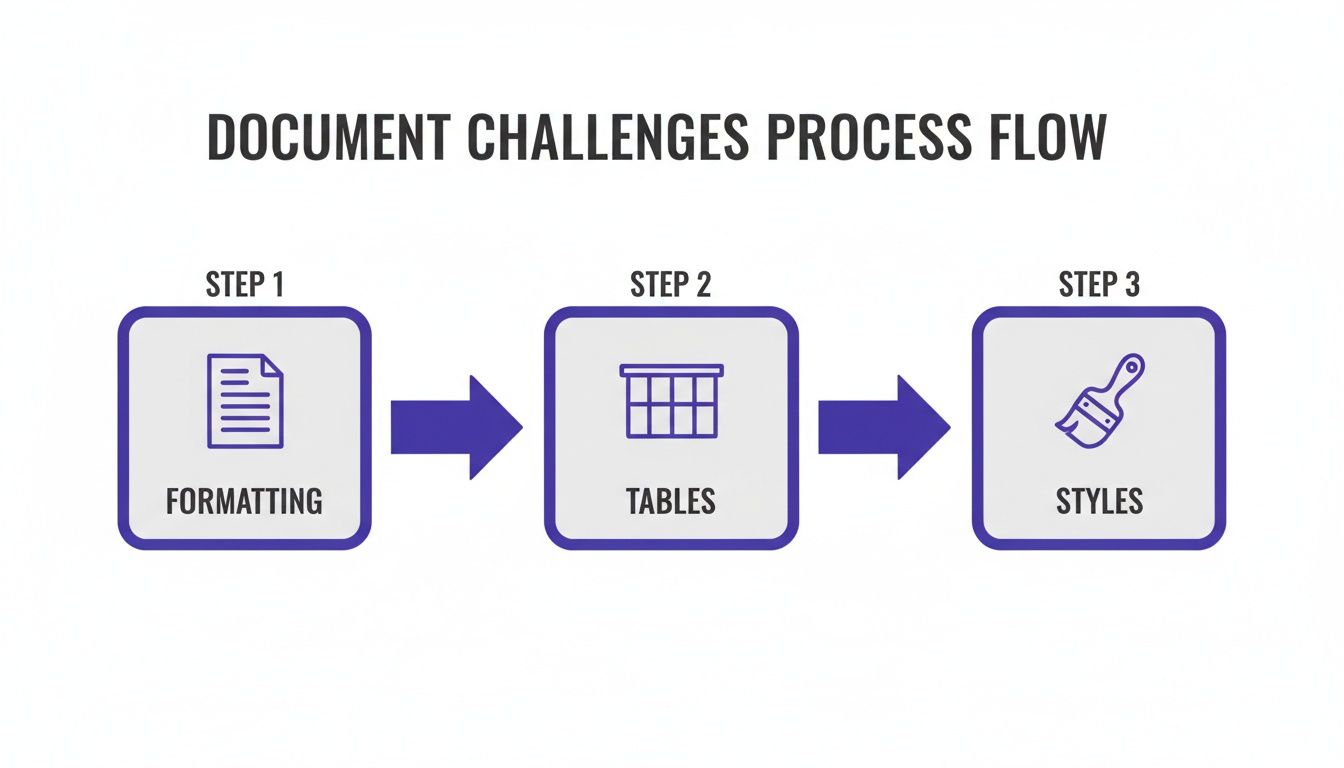A process flow diagram outlining document challenges in formatting, tables, and styles.