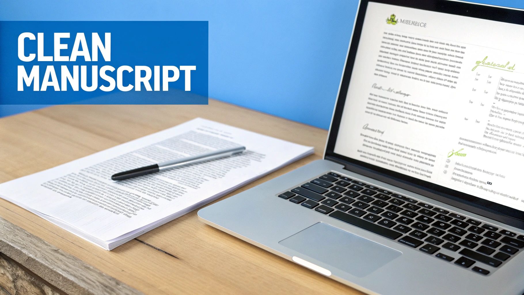 A clean manuscript document, a pen, and a laptop on a wooden desk, representing writing or editing work.