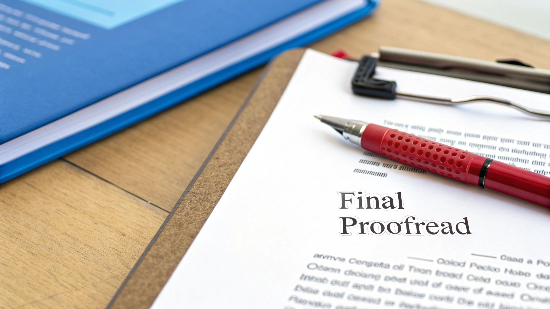 Ein roter Stift ruht auf einem Dokument mit dem Titel „Final Proofread