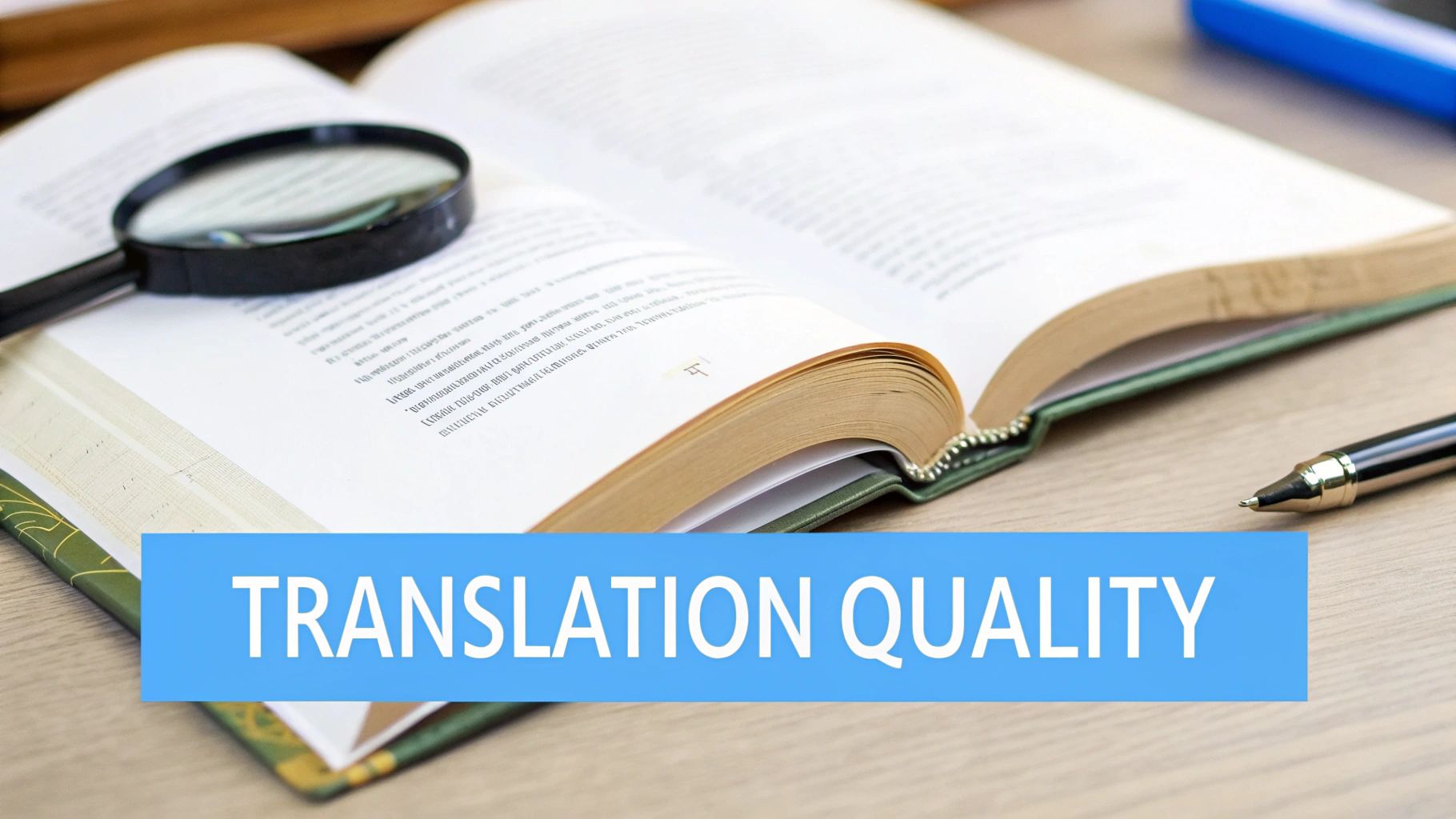 En öppen bok med ett förstoringsglas och en penna på ett trädskrivbord, med en blå banner med 