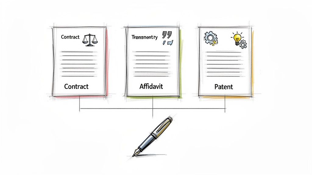 A pen connects three illustrated legal documents: a contract with scales, an affidavit, and a patent with ideas.