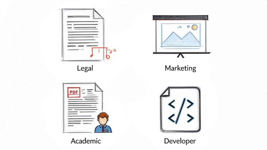 Four icons representing different document types: legal, marketing, academic, and developer content.