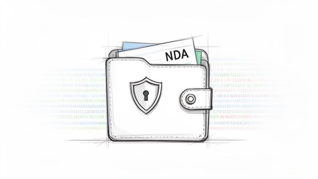 A sketch of a secure folder holding NDA documents, featuring a shield with a keyhole.