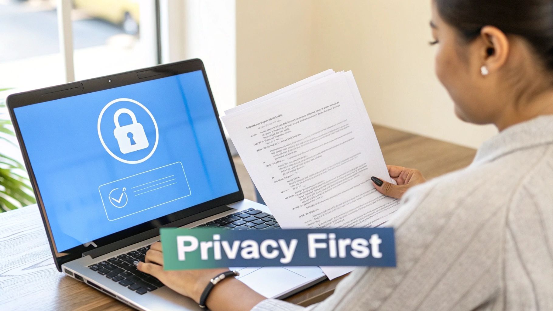 A woman reviews documents while using a laptop displaying a privacy lock icon and 'Privacy First' banner.