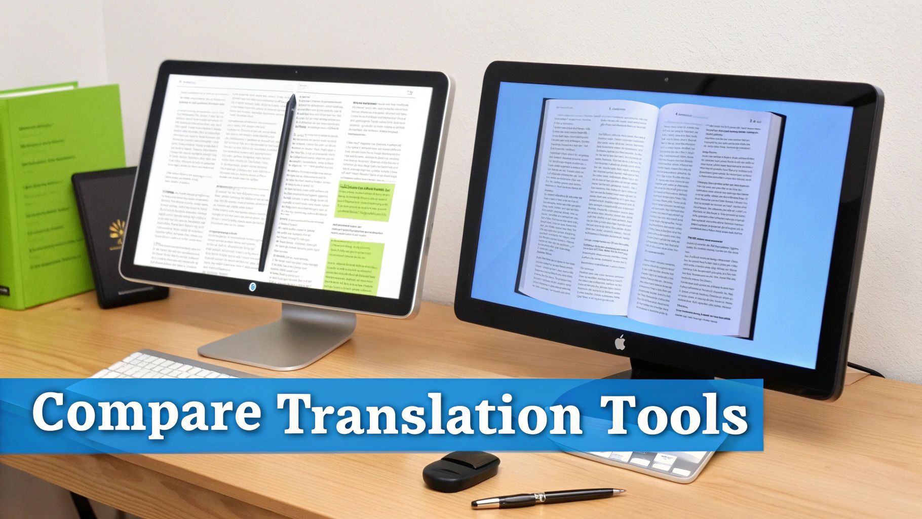 Dwa monitory komputerowe na drewnianym biurku wyświetlające narzędzia do tłumaczenia i tekst, z klawiaturami, piórem i książkami w pobliżu.