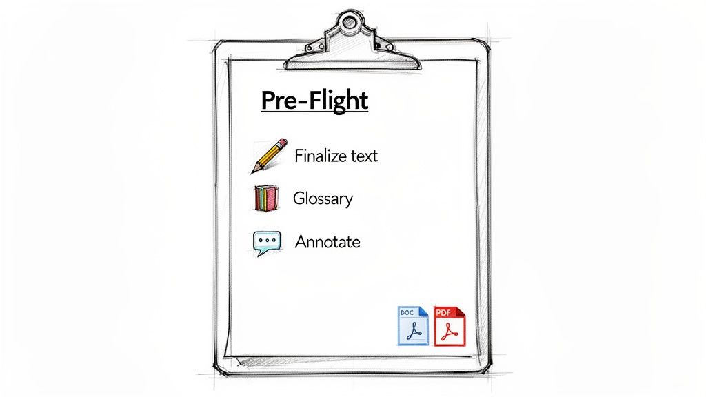 A sketched clipboard showing a pre-flight checklist with steps like finalize text, glossary, and annotate.
