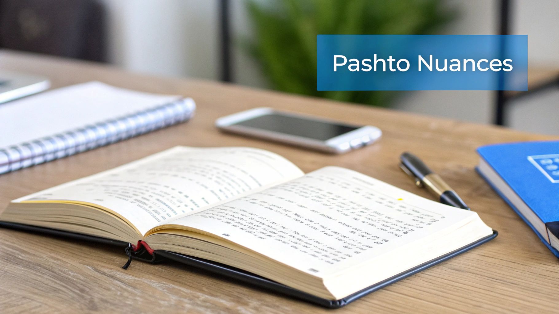 Ein offenes Buch und ein Stift auf einem Holzschreibtisch mit blauer Überlagerung mit der Aufschrift „Paschtu-Nuancen
