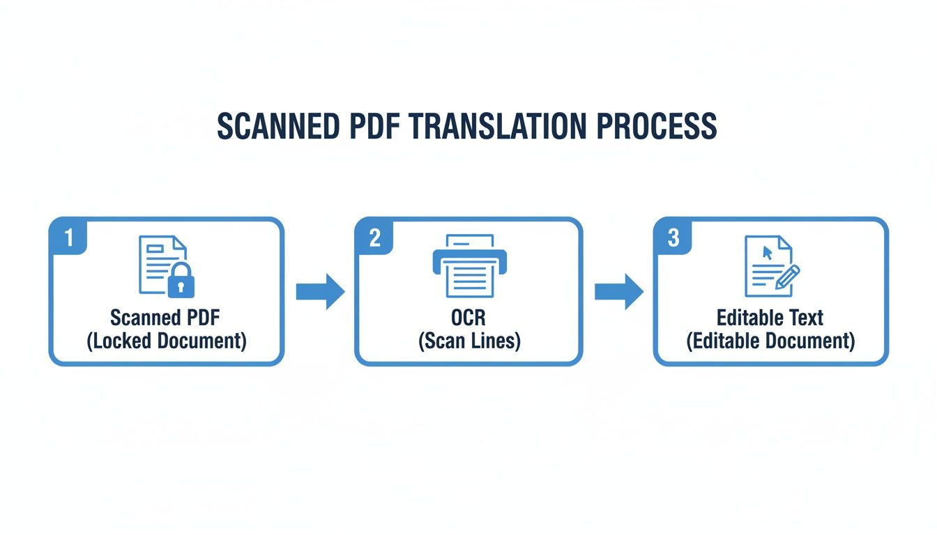 A flowchart illustrates the three-step process of converting a scanned, locked PDF into editable text using OCR.