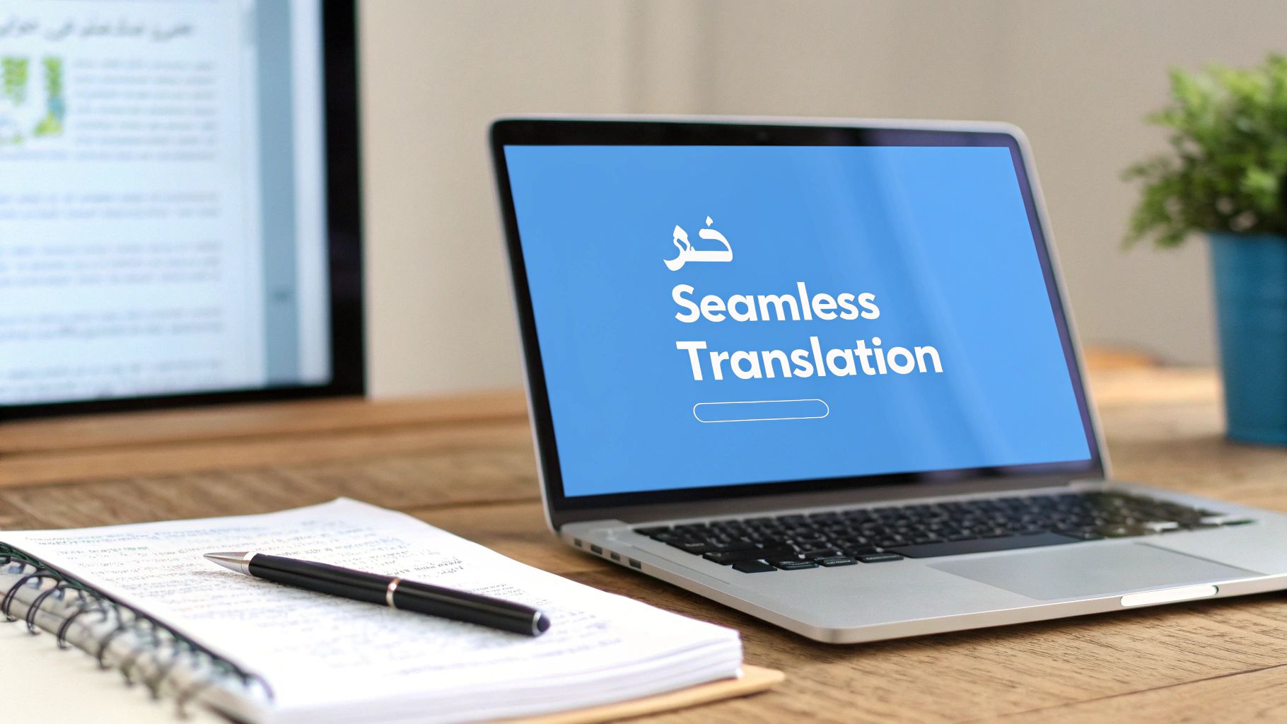 Laptop wyświetlający "Seamless Translation" i tekst arabski, z notatnikiem i piórem na drewnianym biurku.