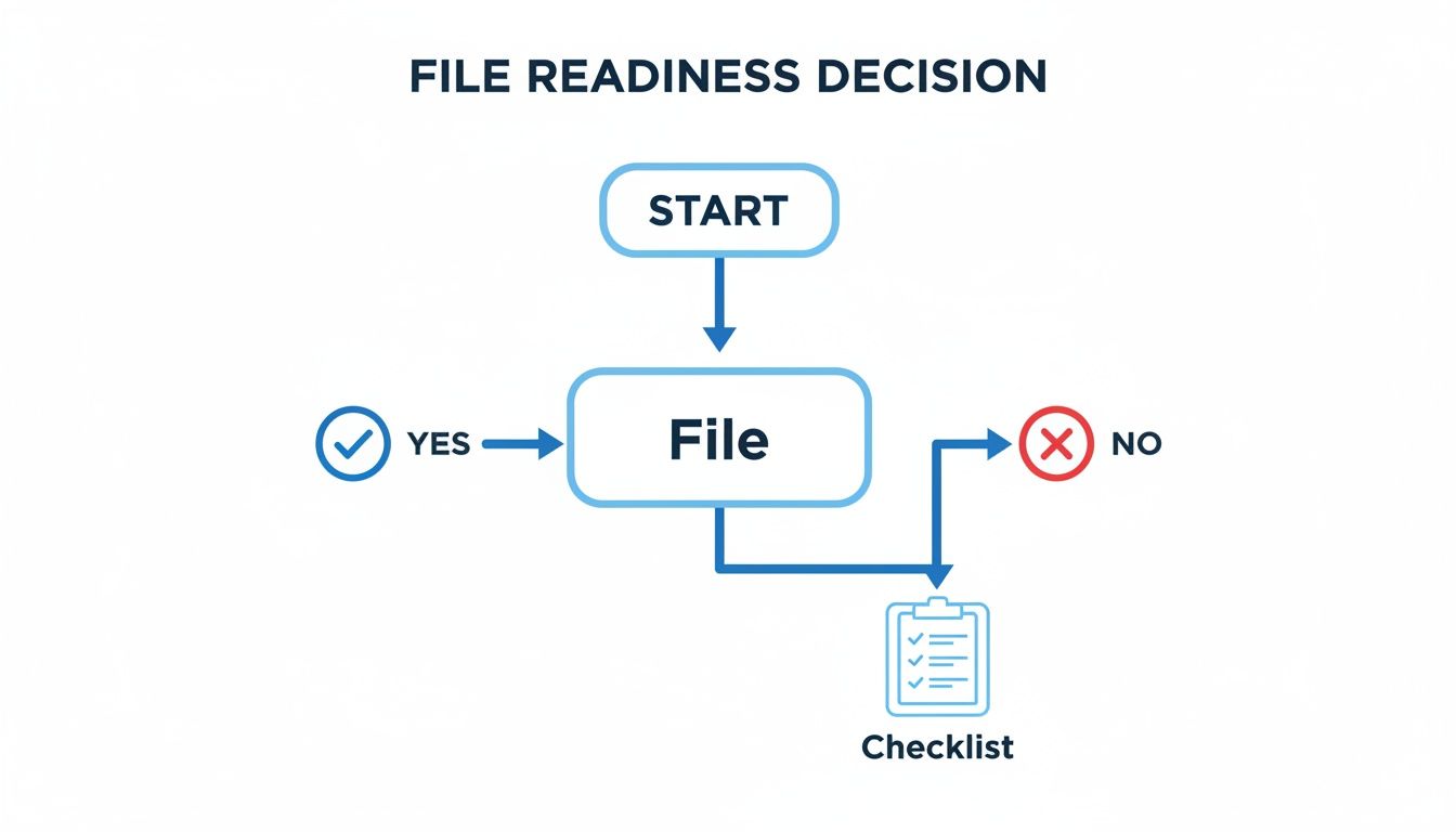 Schemat blokowy zatytułowany 'File Readiness Decision' pokazujący kroki: Start, File, Yes, No, i Checklist.