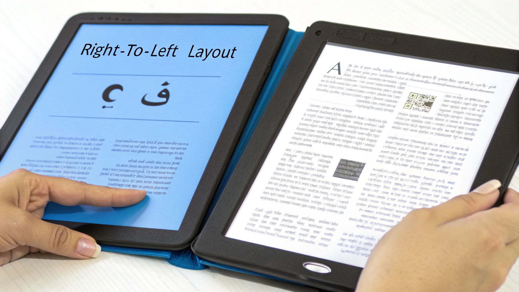 Två e-läsare visar motsatta textlayouter: arabisk höger-till-vänster-skript och standardlatinska tecken.