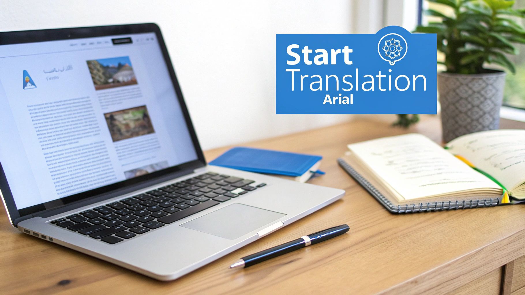 Laptop na drewnianym biurku wyświetla dokument arabski z banerem „Rozpocznij tłumaczenie