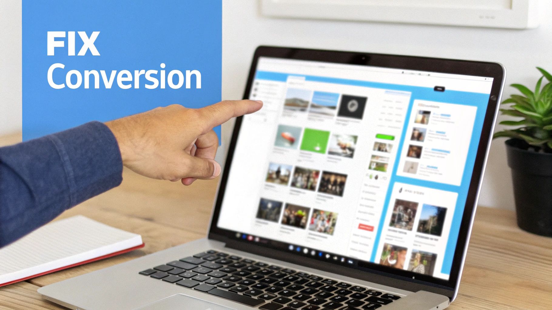 Uma mão aponta para uma tela de laptop exibindo conteúdo da web, ao lado de um sinal azul lendo 'FIX Conversion'.