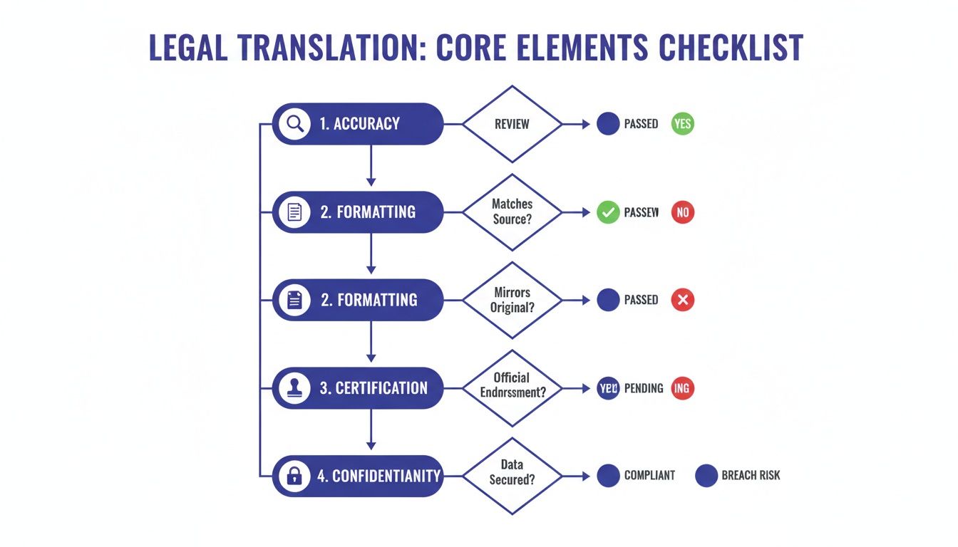 Organigramme détaillant une liste de contrôle des éléments essentiels de la traduction juridique, couvrant l'exactitude, le formatage, la certification et la confidentialité.