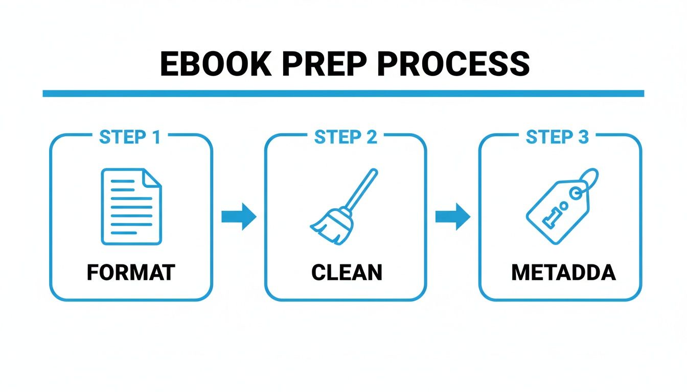 Trzystopniowy proces przygotowania ebooку: formatowanie, czyszczenie i dodawanie metadanych, pokazany z ikonami i strzałkami.