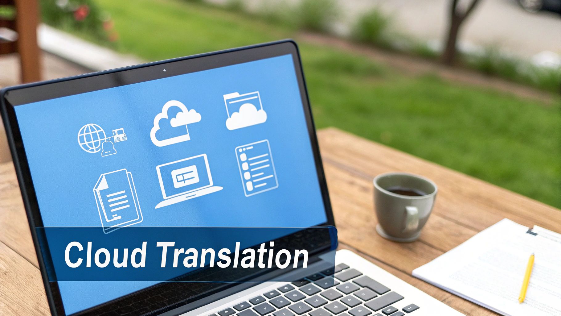 Ekran laptopa wyświetla tekst „Tłumaczenie w chmurze