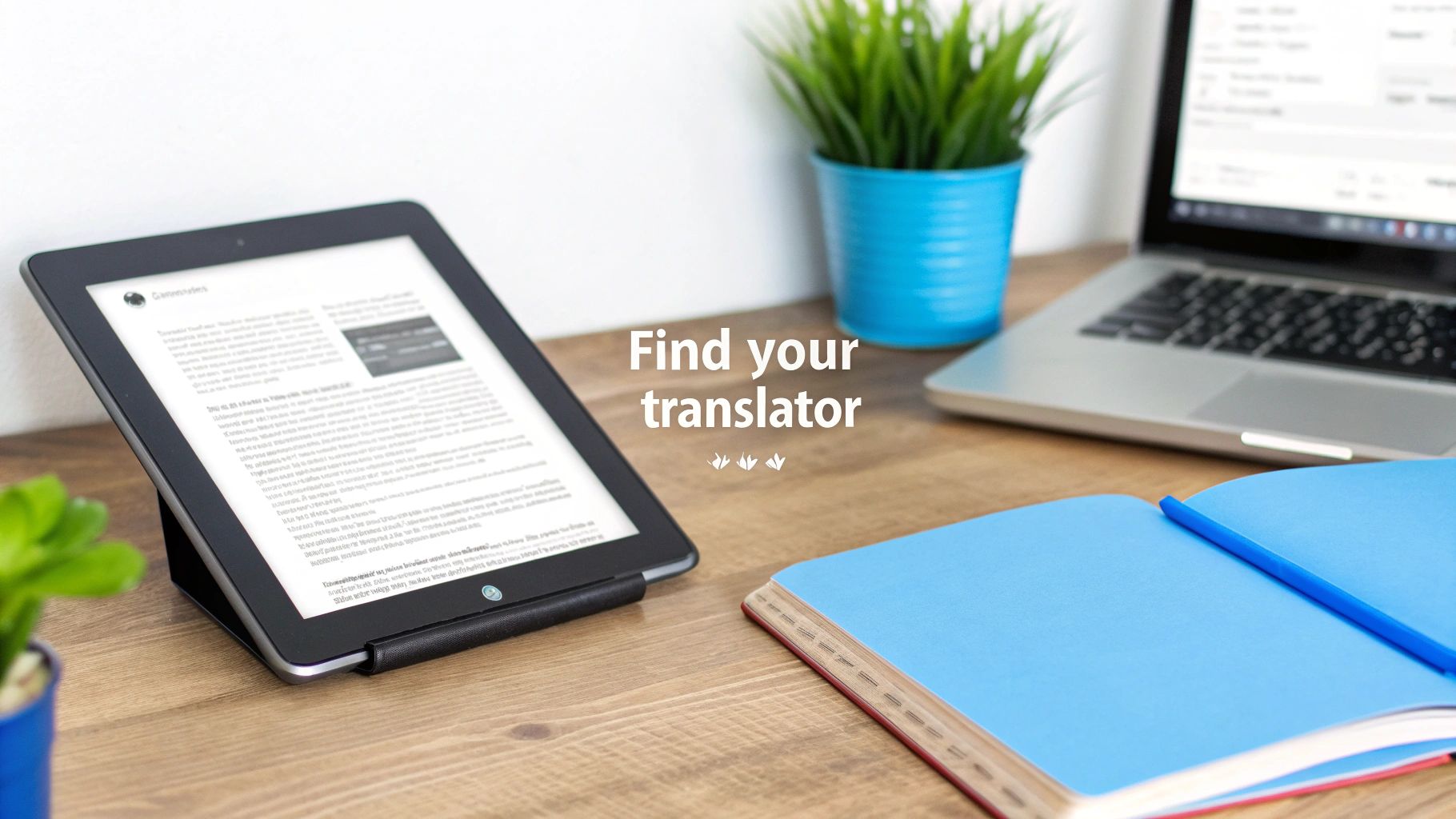 Biurko z czytnikiem e-booków wyświetlającym tekst, laptopem, rośliną i otwartym notatnikiem, z tekstem „Znajdź swojego tłumacza