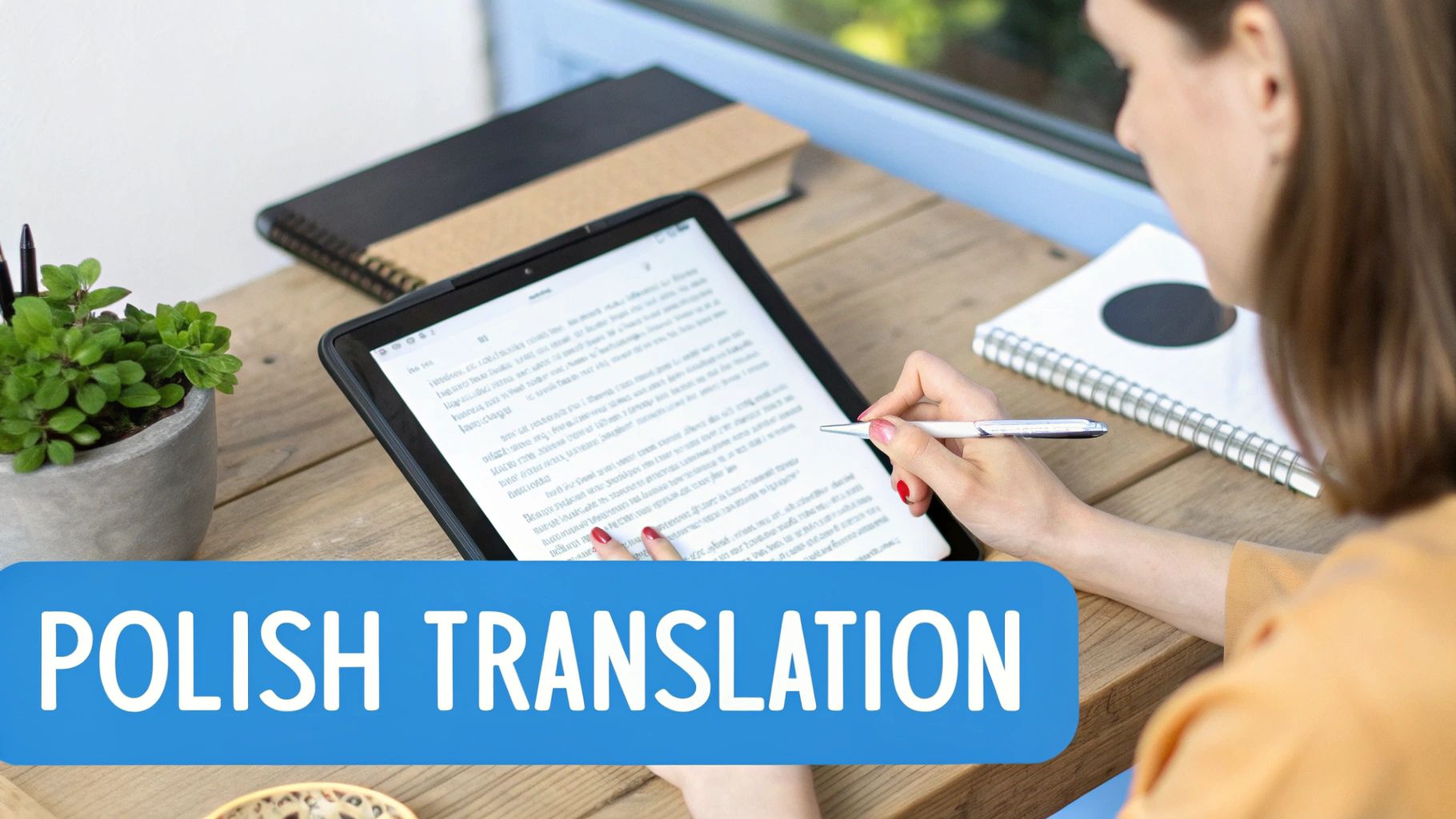 Una mujer traduce documentos en una tableta con un bolígrafo, rodeada de suministros de oficina.