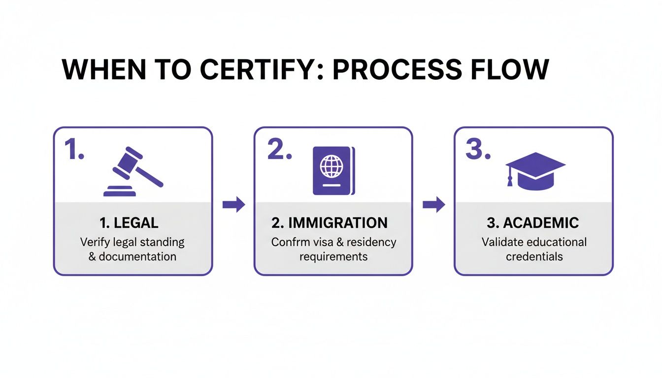 سير عمل من ثلاث خطوات يوضح متى يتم تصديق المستندات: التحقق القانوني، الهجرة، والأكاديمي.