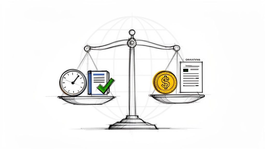 Een geschetste weegschaal die een klok en een voltooid document balanceert tegen geld en een document.