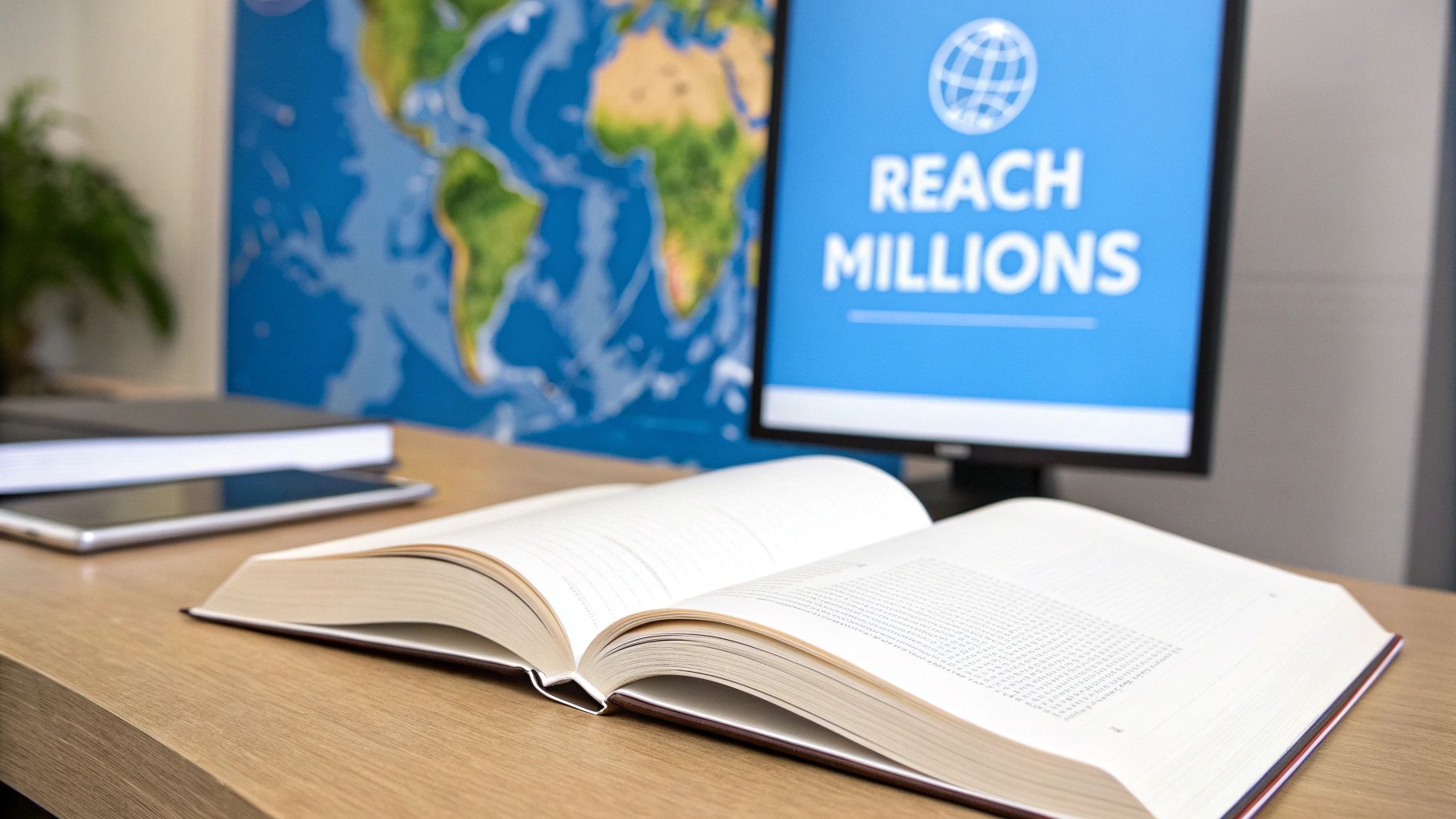 Um livro aberto em uma mesa de madeira, com um monitor de computador exibindo 'REACH MILLIONS' e um mapa-múndi ao fundo.