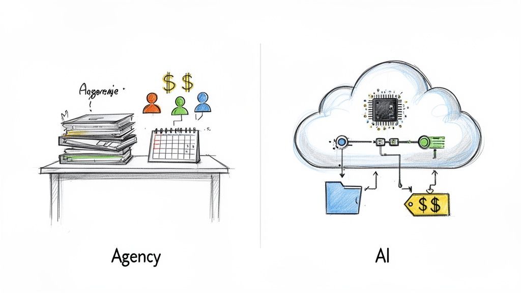 Sketch comparing traditional agency processes with modern AI-driven digital transformation solutions.