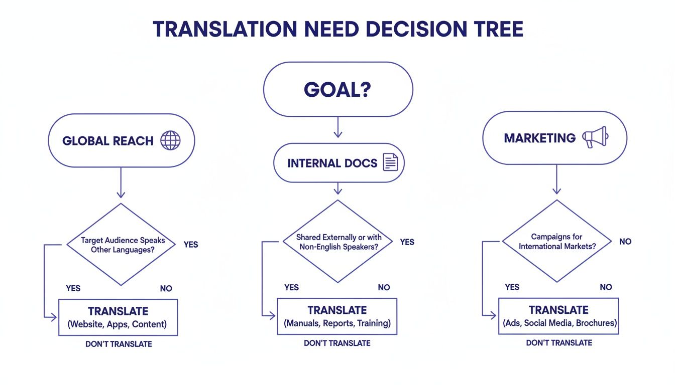 A decision tree illustrating when translation is needed for global reach, internal docs, or marketing.