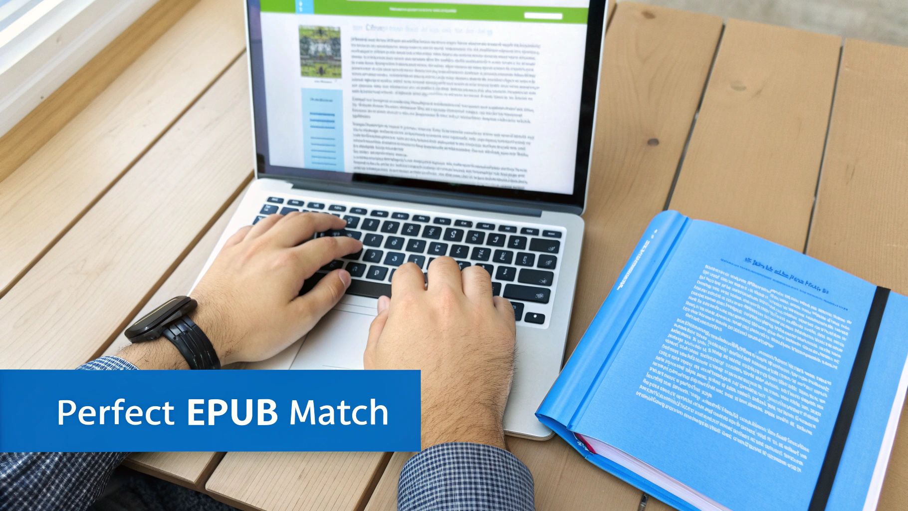 Person typing on a laptop next to an open blue book on a wooden table, suggesting digital publishing.