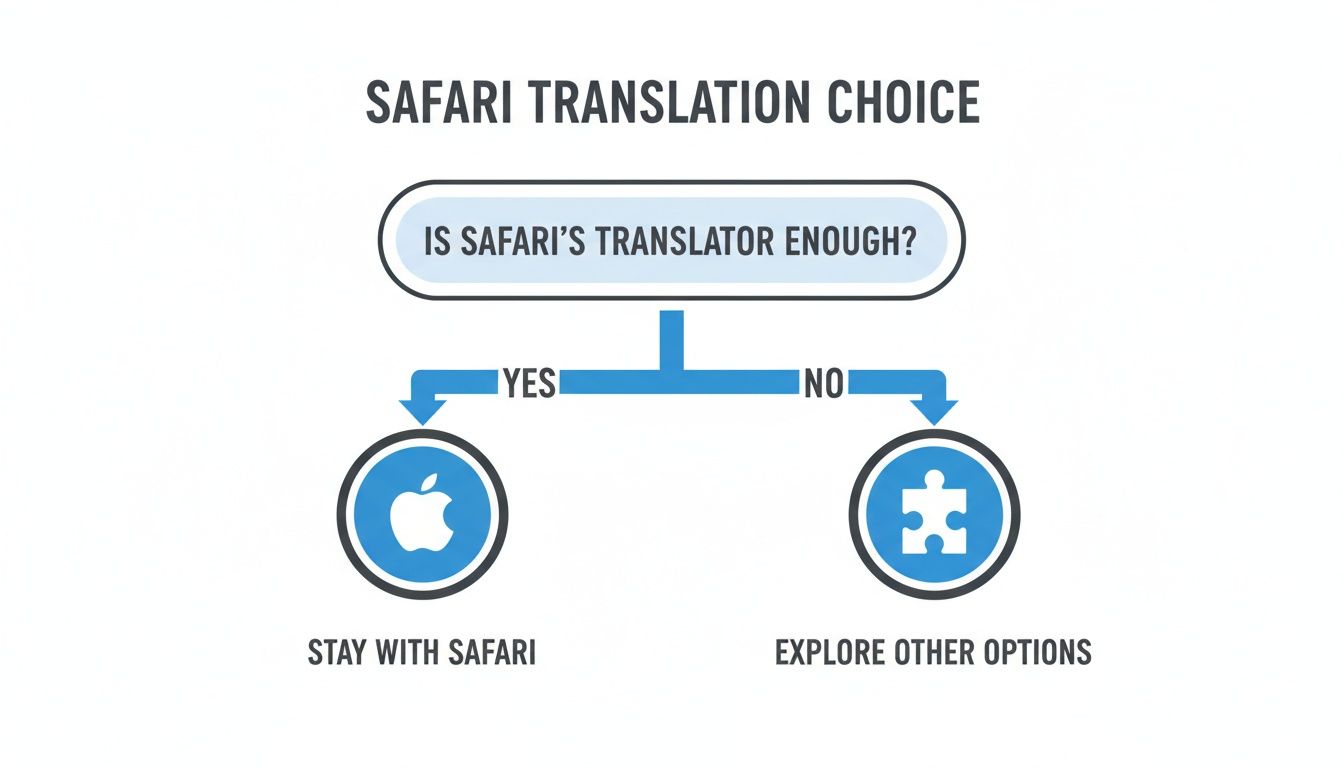Flowchart asking if Safari's translator is enough, leading to staying with Safari or exploring other options.