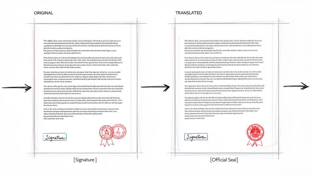 Side-by-side view of an original document and its professional translation with signature and seal.
