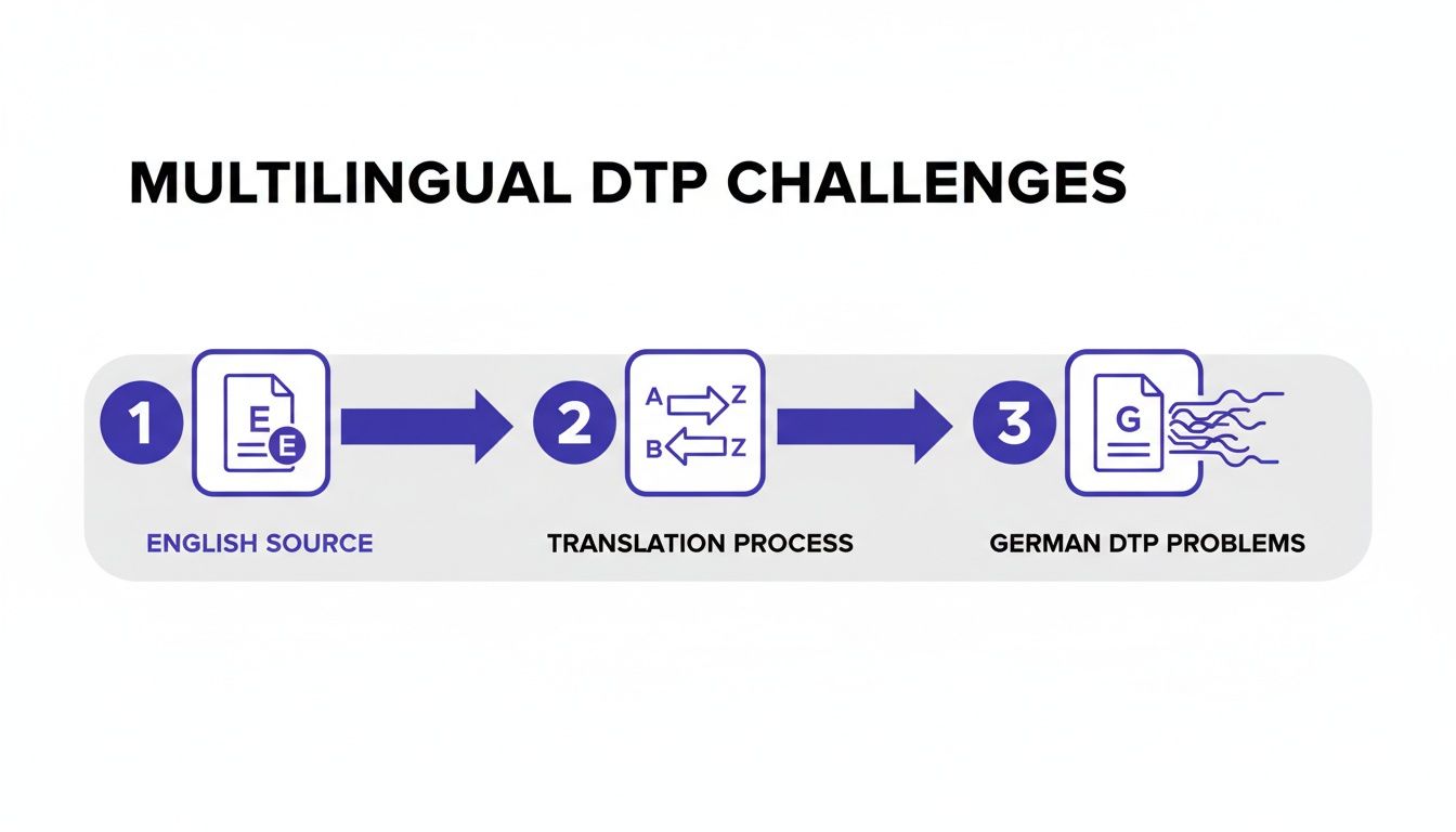 Diagramme illustrant les défis de la PAO multilingue, de la source anglaise aux problèmes de PAO allemande après traduction.