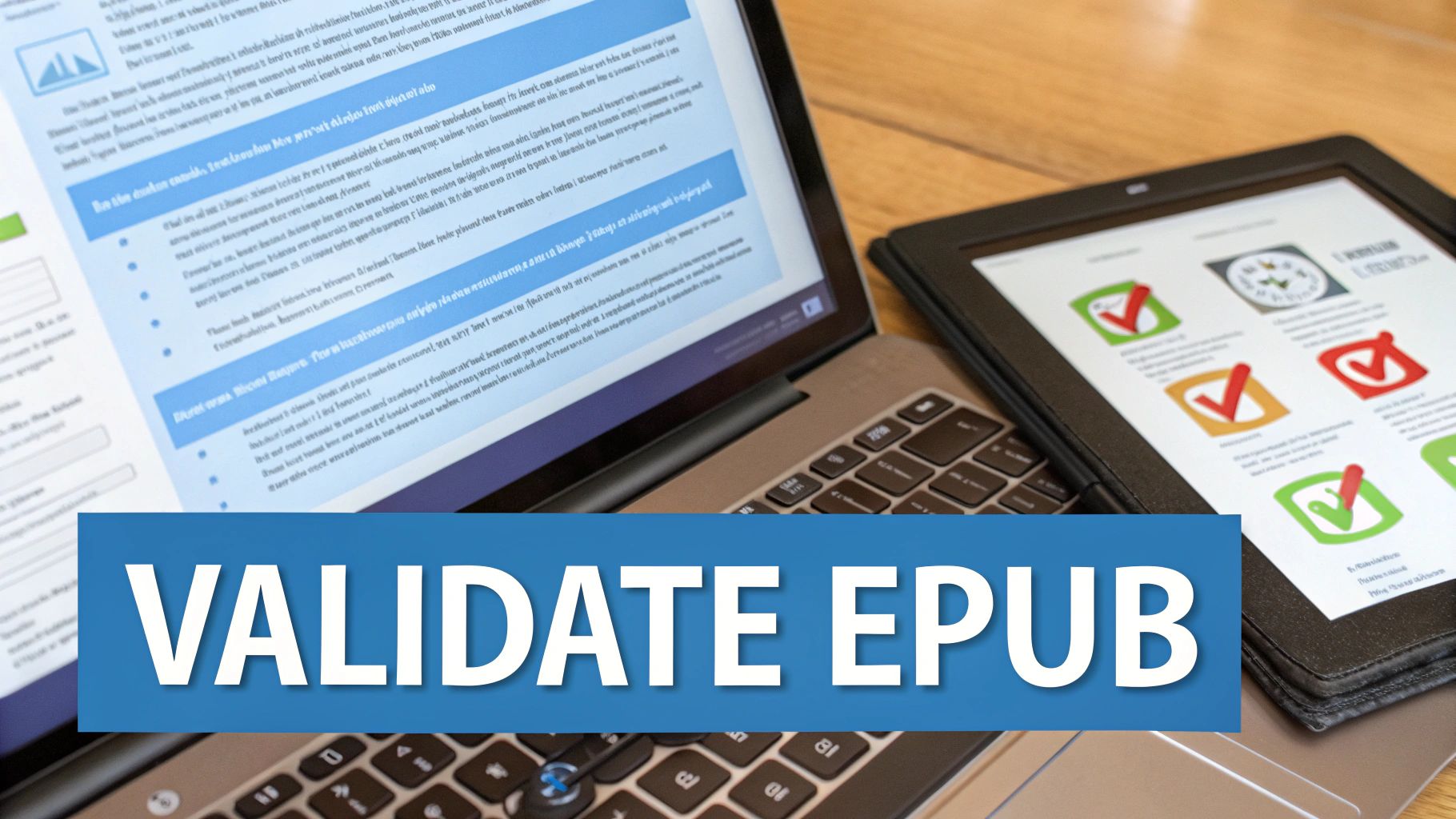 Una portátil y una tableta muestran contenido digital, con un banner azul superpuesto que dice 'VALIDAR EPUB'.