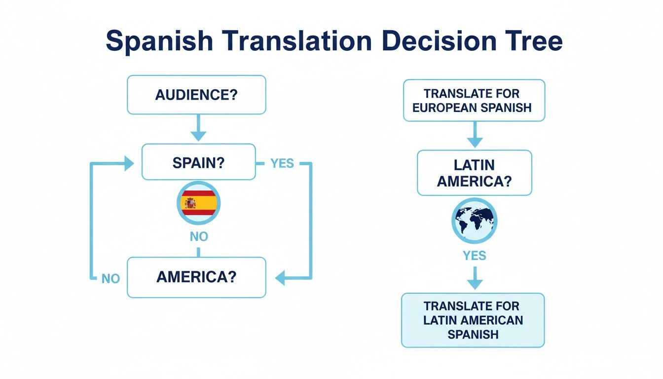Flowchart guiding Spanish translation decisions for target audiences in Spain, Europe, and Latin America.