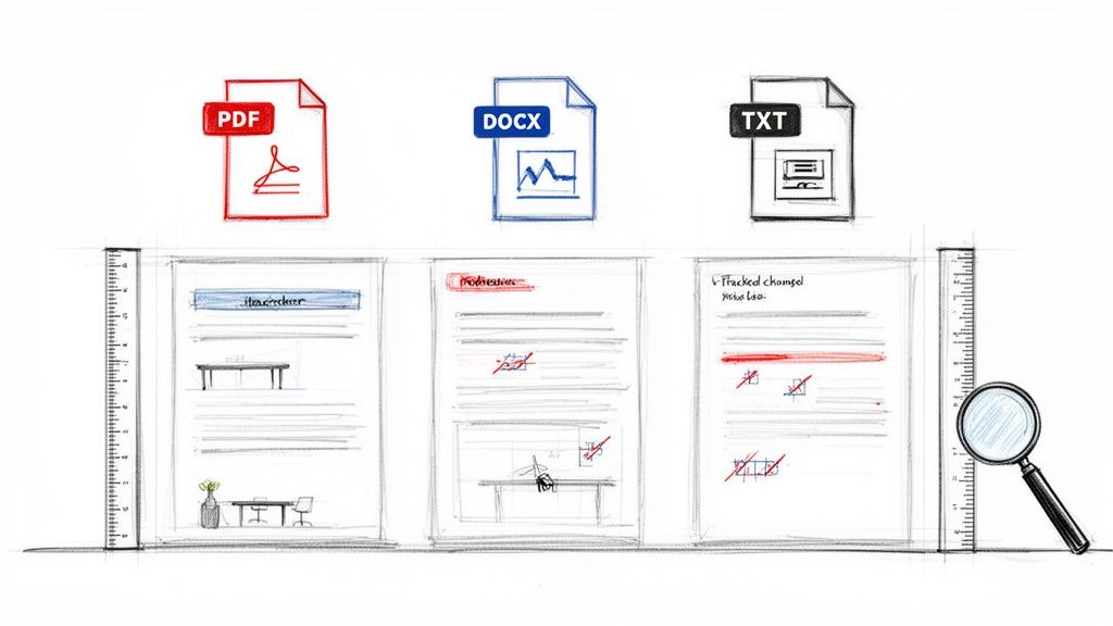 Sketches of PDF, DOCX, and TXT documents with content, edits, rulers, and a magnifying glass.
