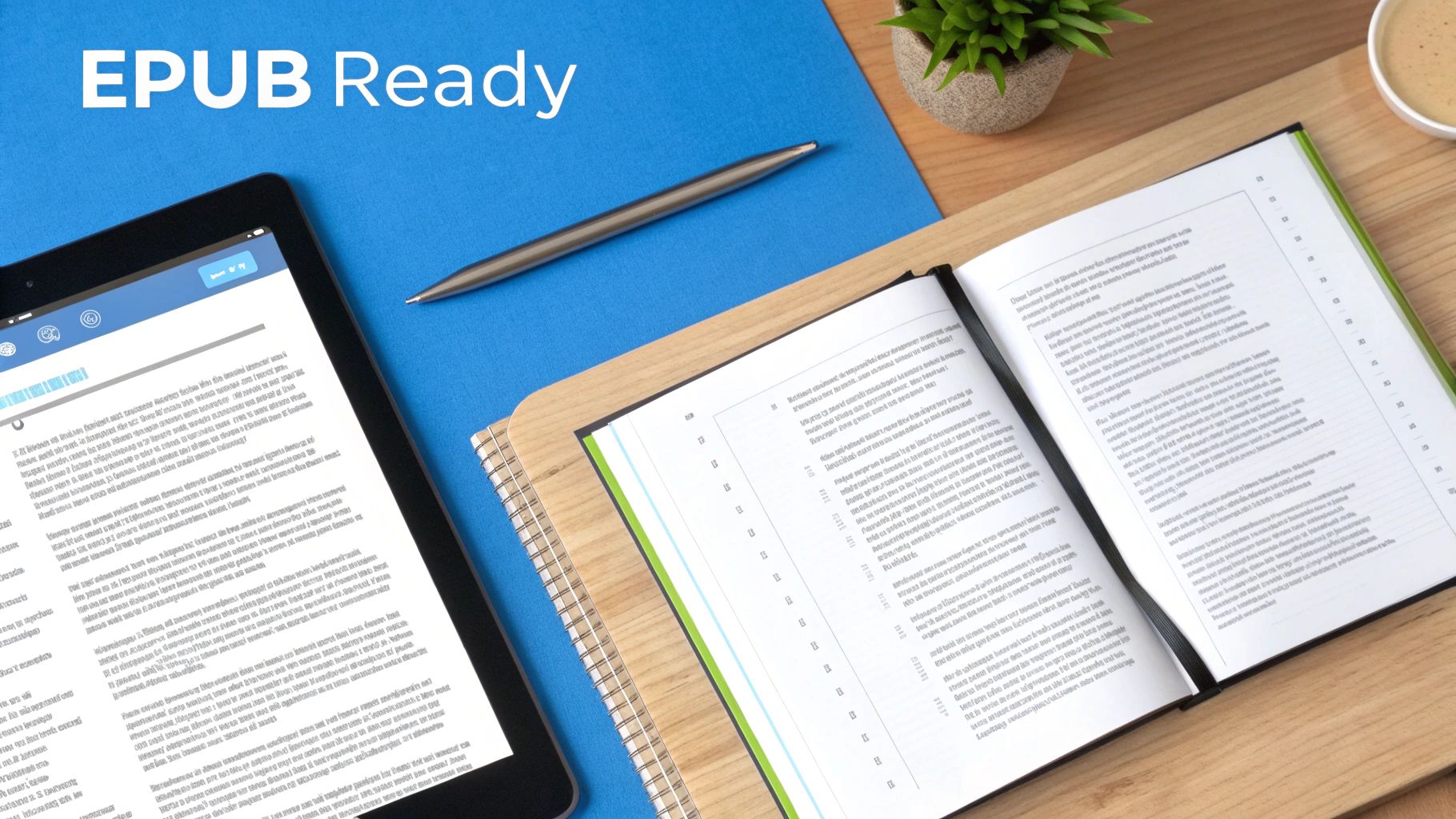 A flat lay of a tablet and open book on a blue surface with 'EPUB Ready' text, suggesting digital and print content.