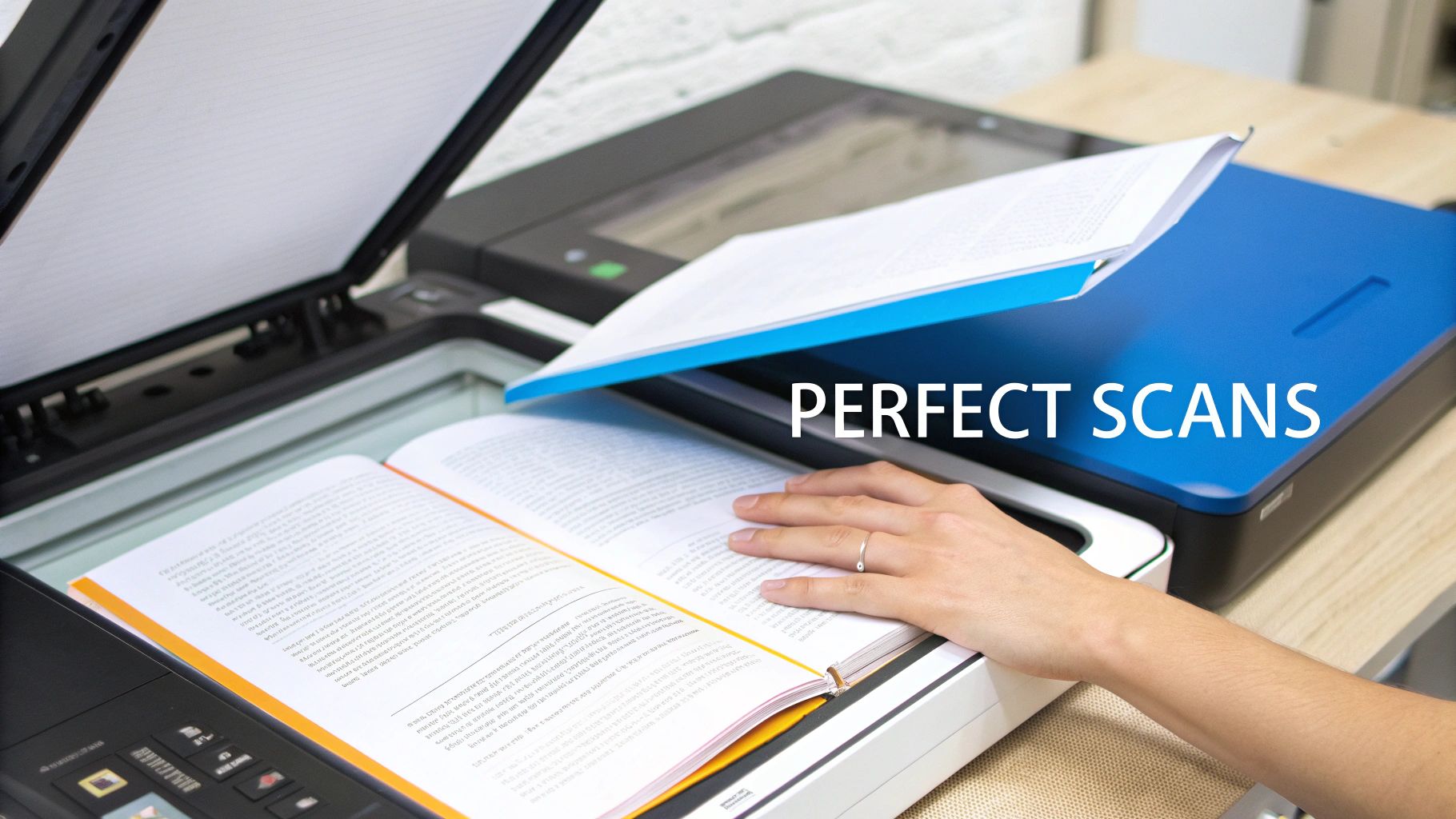 한 사람의 손이 완벽한 디지털 스캔을 위해 열린 교과서를 평판 스캐너에 놓습니다.