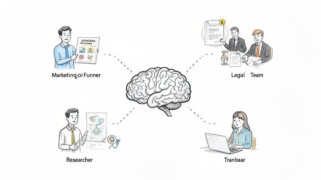 An illustration of a central brain connecting to marketing, legal, researcher, and translator roles.
