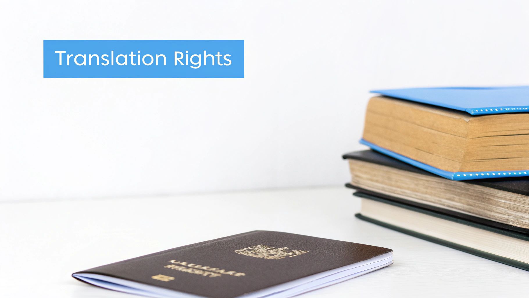Ett brunt pass och en stapel böcker på ett vitt bord med en blå textbox "Översättningsrättigheter".