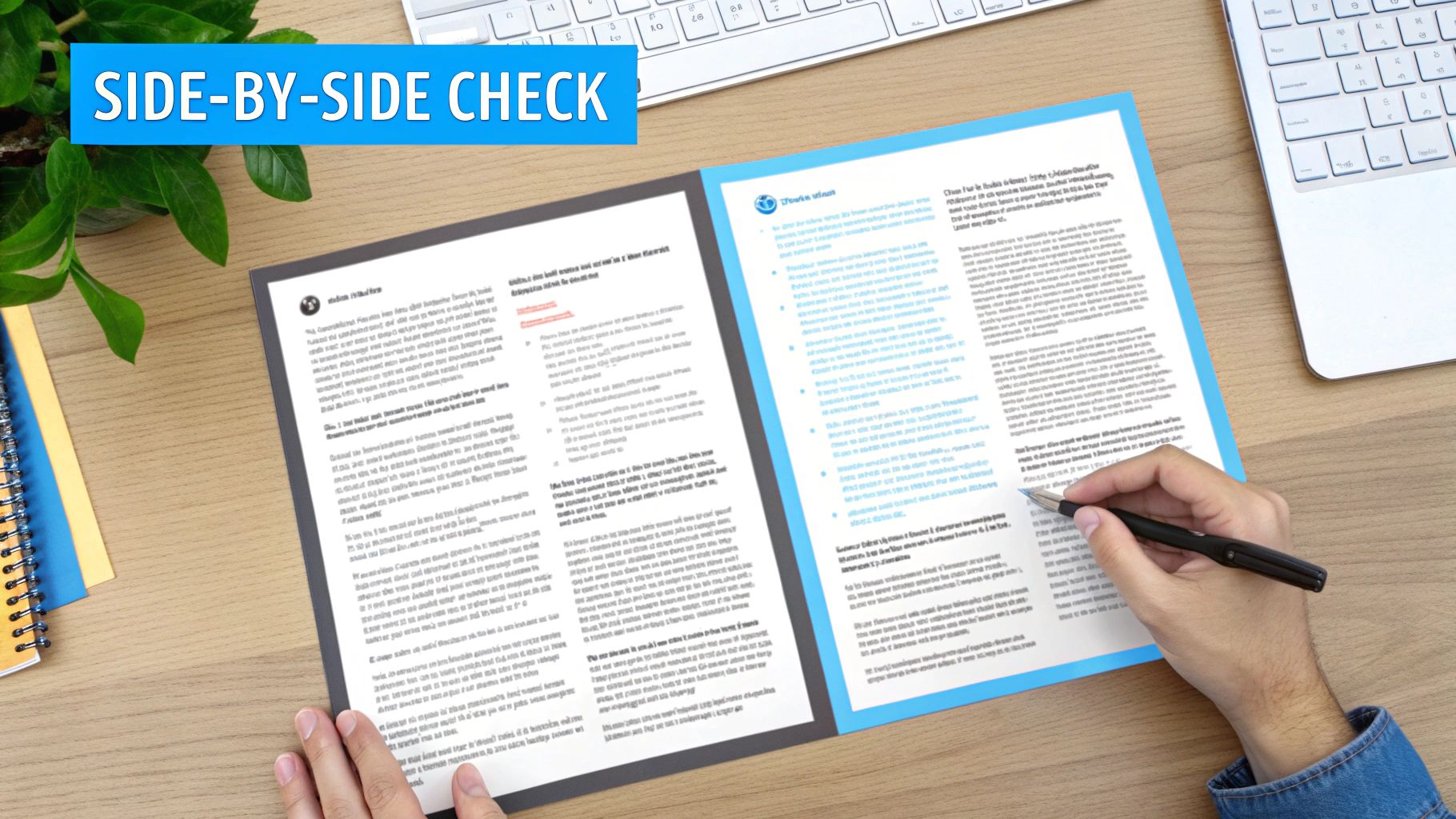 Mãos revisando dois documentos lado a lado em uma mesa de madeira, enfatizando verificação cuidadosa.