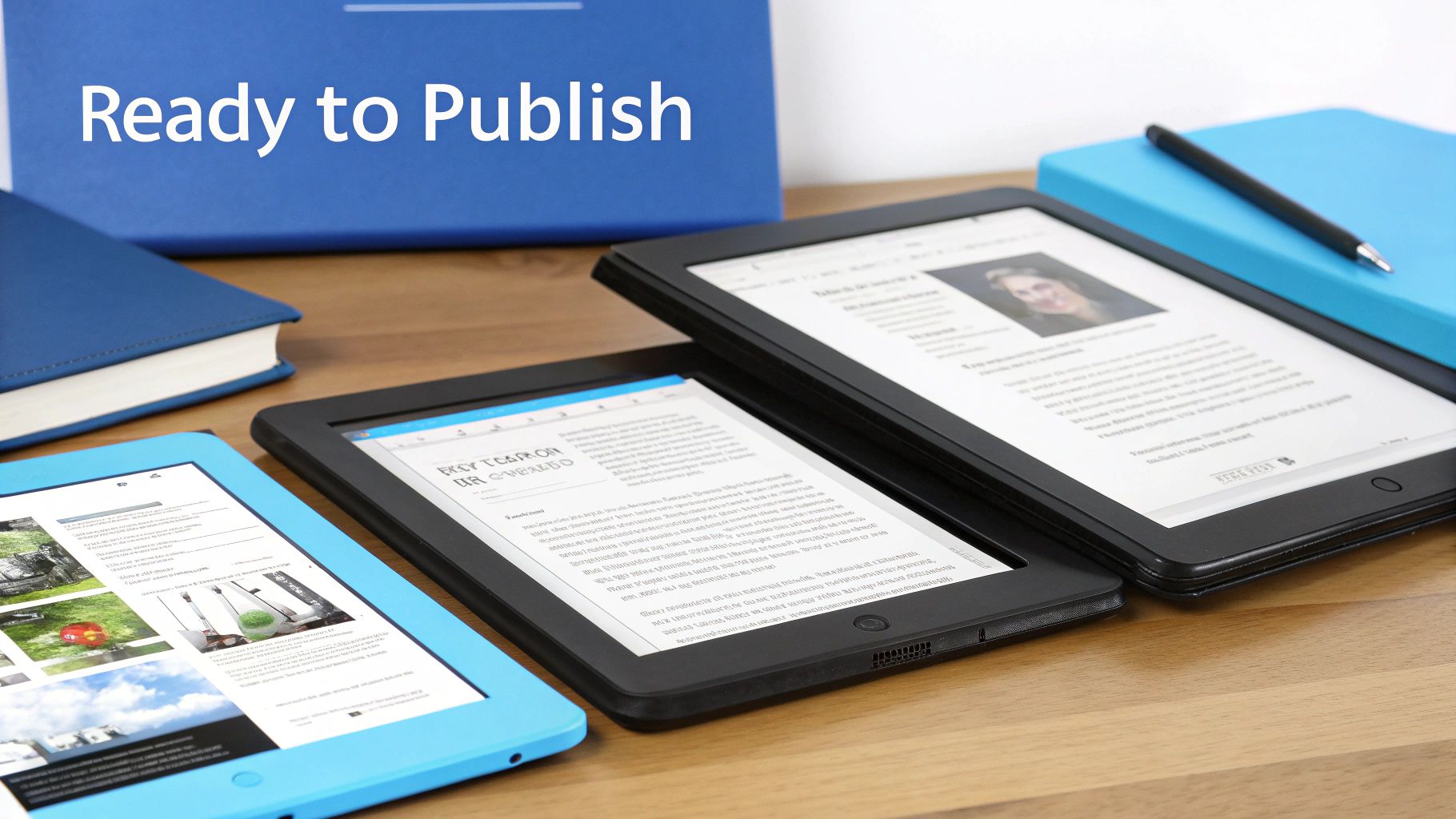 Three e-readers and blue books on a wooden desk, displaying digital content, with 'Ready to Publish' text.