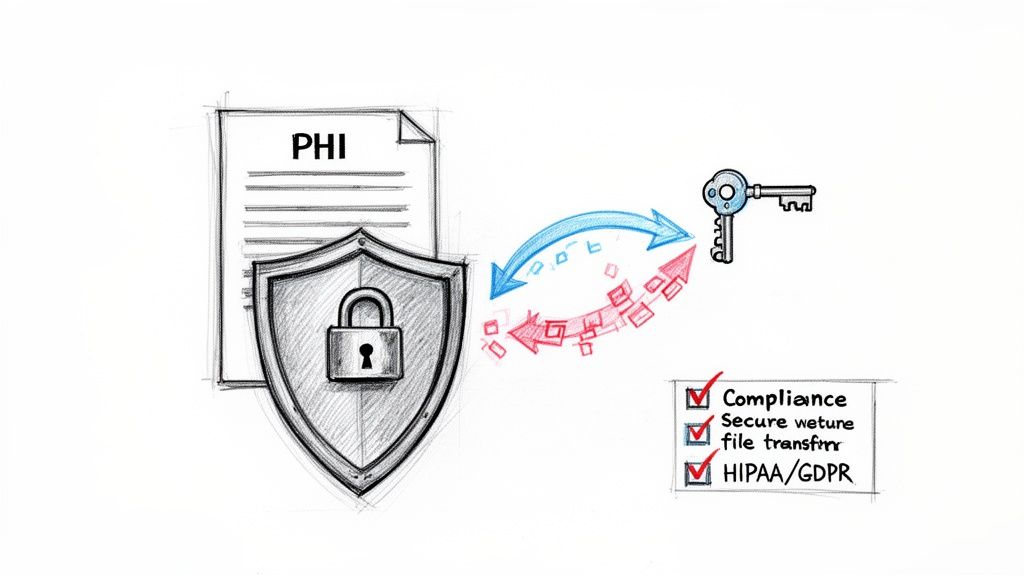 Een tekening die de beveiliging van PHI-gegevens weergeeft, met een schild, sleutel en checklist voor compliance en veilige bestandsoverdracht.